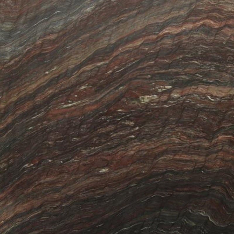 Quartzite Revolution flise — mørkebrun og rødbrun baggrund med bølgende diagonale sorte bordeaux og rustfarvede strøg