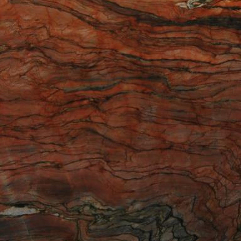 Quartzite Red Tempesta flise — intens rødorange baggrund med bølgende sorte og mørkebrune flammelignende lag