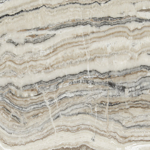 Jurassix Onyx Light flise — horisontale beige cremede lag med antracit og brune bånd