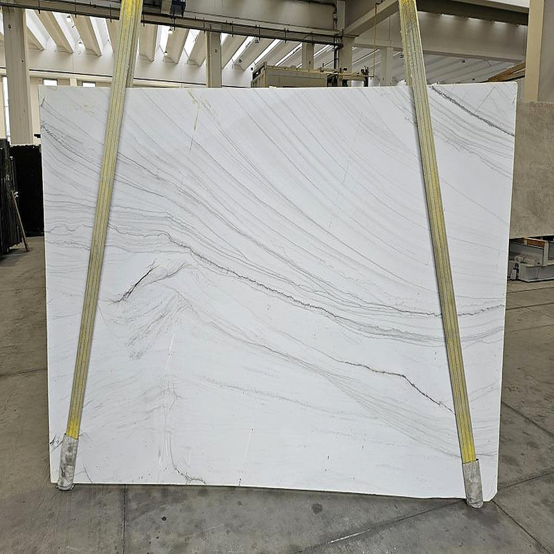 Quartzite Mont Blanc quartziteplade — ren hvid baggrund med fine bløde grå årer poleret finish