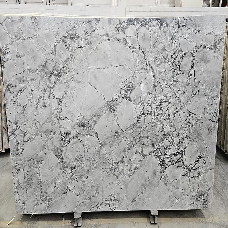 Super White Calacatta quartziteplade — lys hvid og grå baggrund med fragmenteret netværk af mørkegrå og sorte årer poleret finish