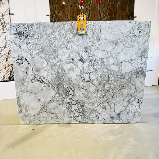 Super White quartziteplade — lys hvid baggrund med delikat netværk af fine grå årer poleret finish